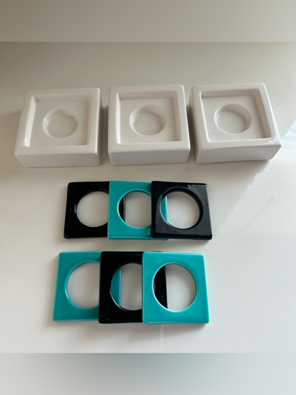 Set of 3 Ceramic White Square Candle Holders with Black and Teal Accent Rings